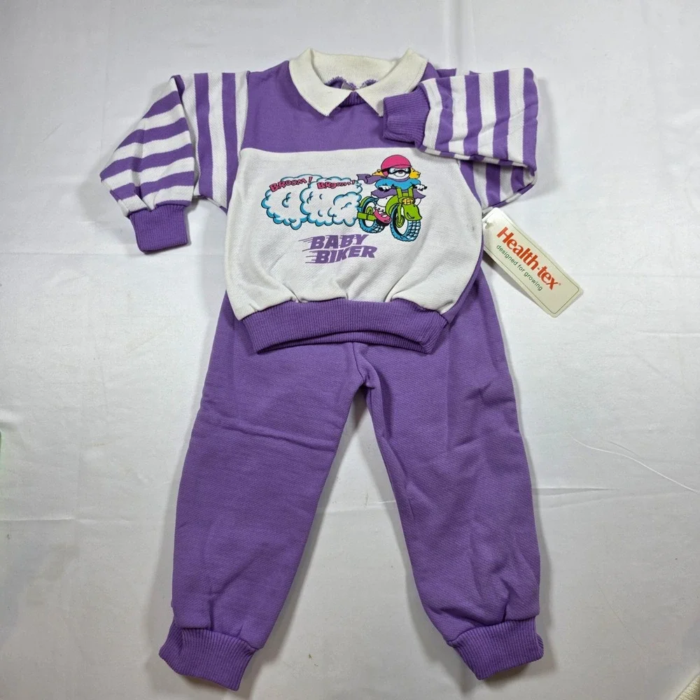 Vintage Health-tex Baby Biker Purple Striped Tracksuit Set 2T 03441 Made in USA